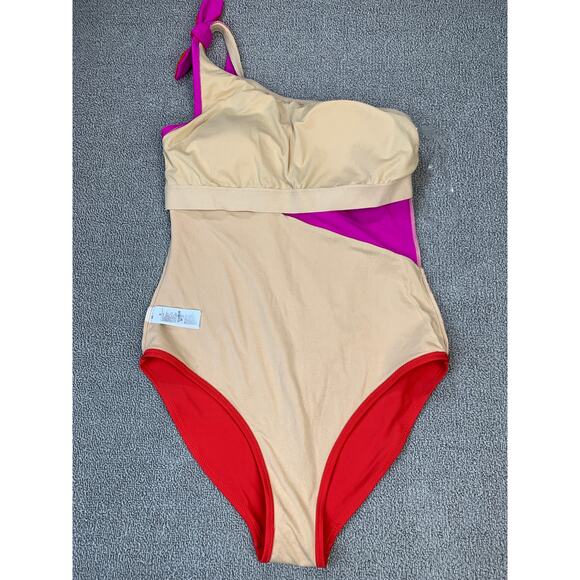 Old Navy One Piece Swimsuit One Shoulder Color Block Pink Red Size Medium - Picture 3 of 8